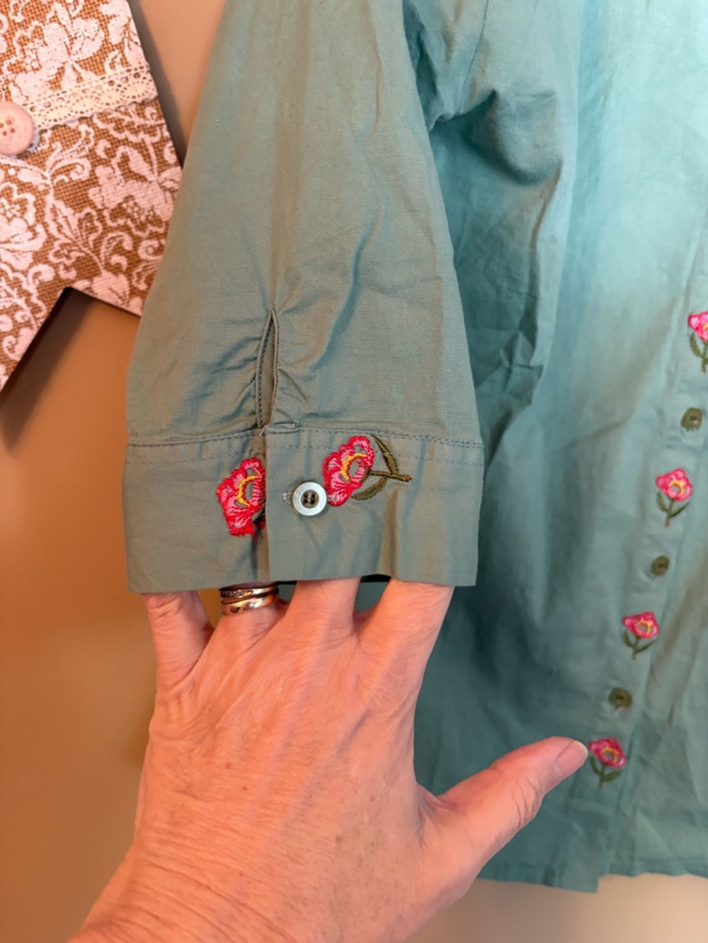 Sage Green Floral Embroidered Blouse Vintage Style - Picture 4 of 7